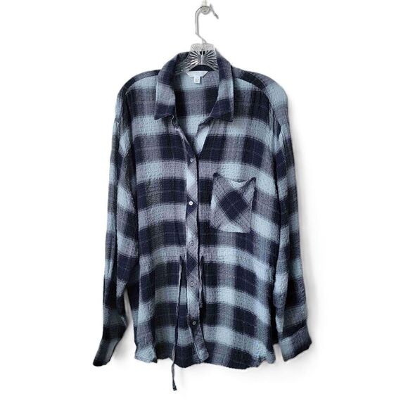 Time and Tru Blue Plaid Long Sleeve Button Up Shirt Drawstring Waist Size Large - Picture 1 of 7